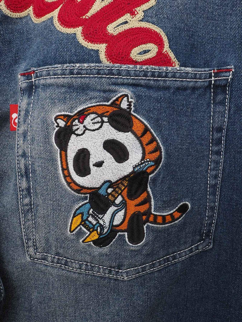【PANDIESTA JAPAN】“ギターバトルパンダ”刺繍入りワイドデニムパンツ