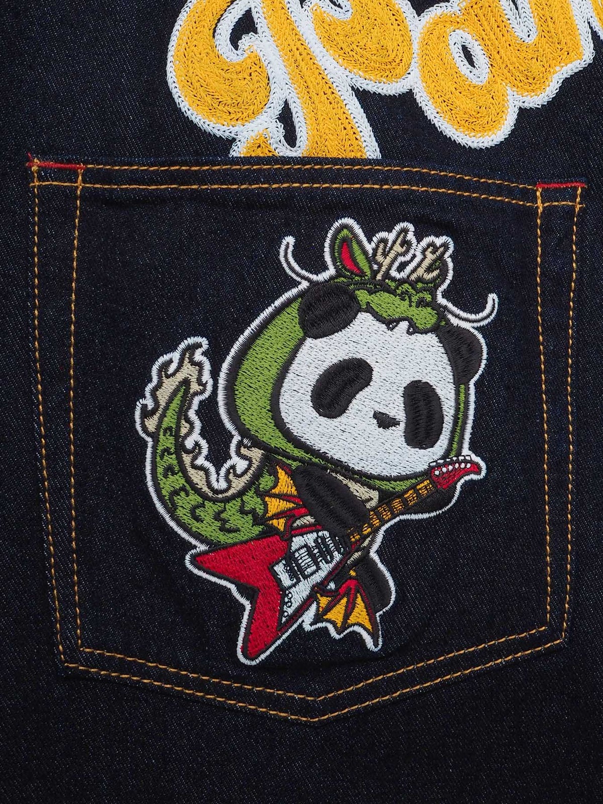 【PANDIESTA JAPAN】“ギターバトルパンダ”刺繍入りワイドデニムパンツ