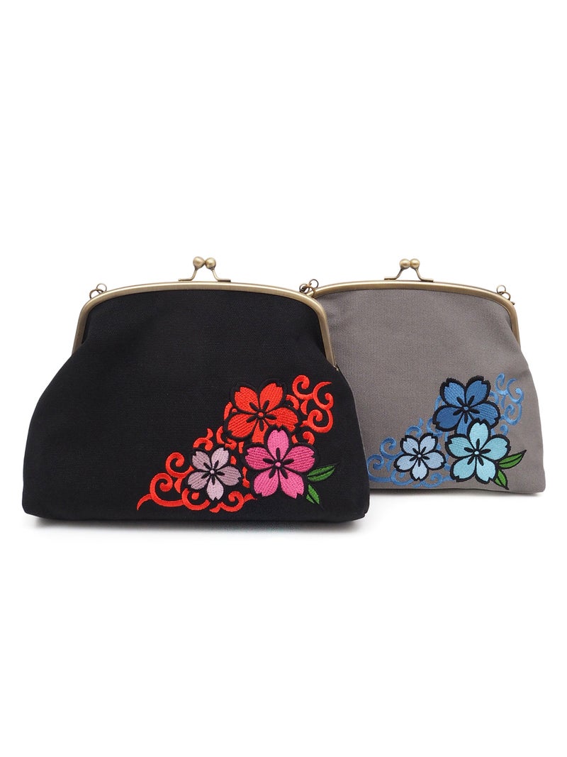 【雅結】桜唐草 刺繍入りがま口ショルダーバッグ