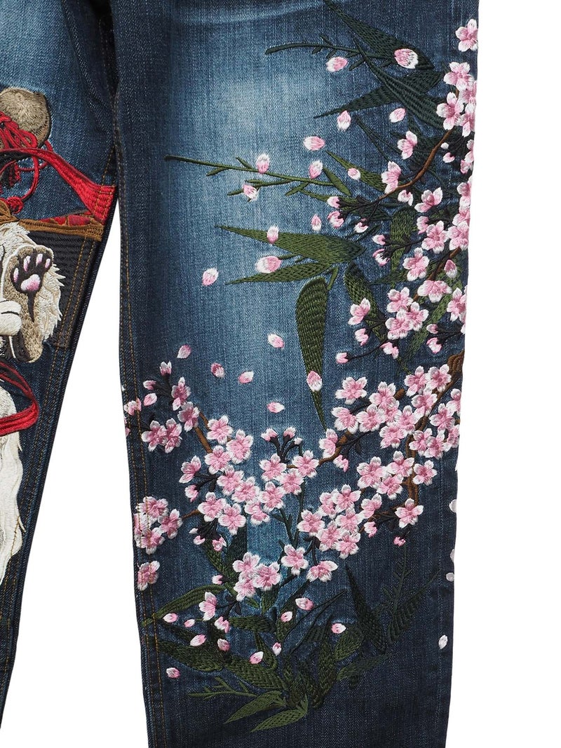 【絡繰魂・粋】“猫又と瓢箪 桜”総刺繍デニムパンツ