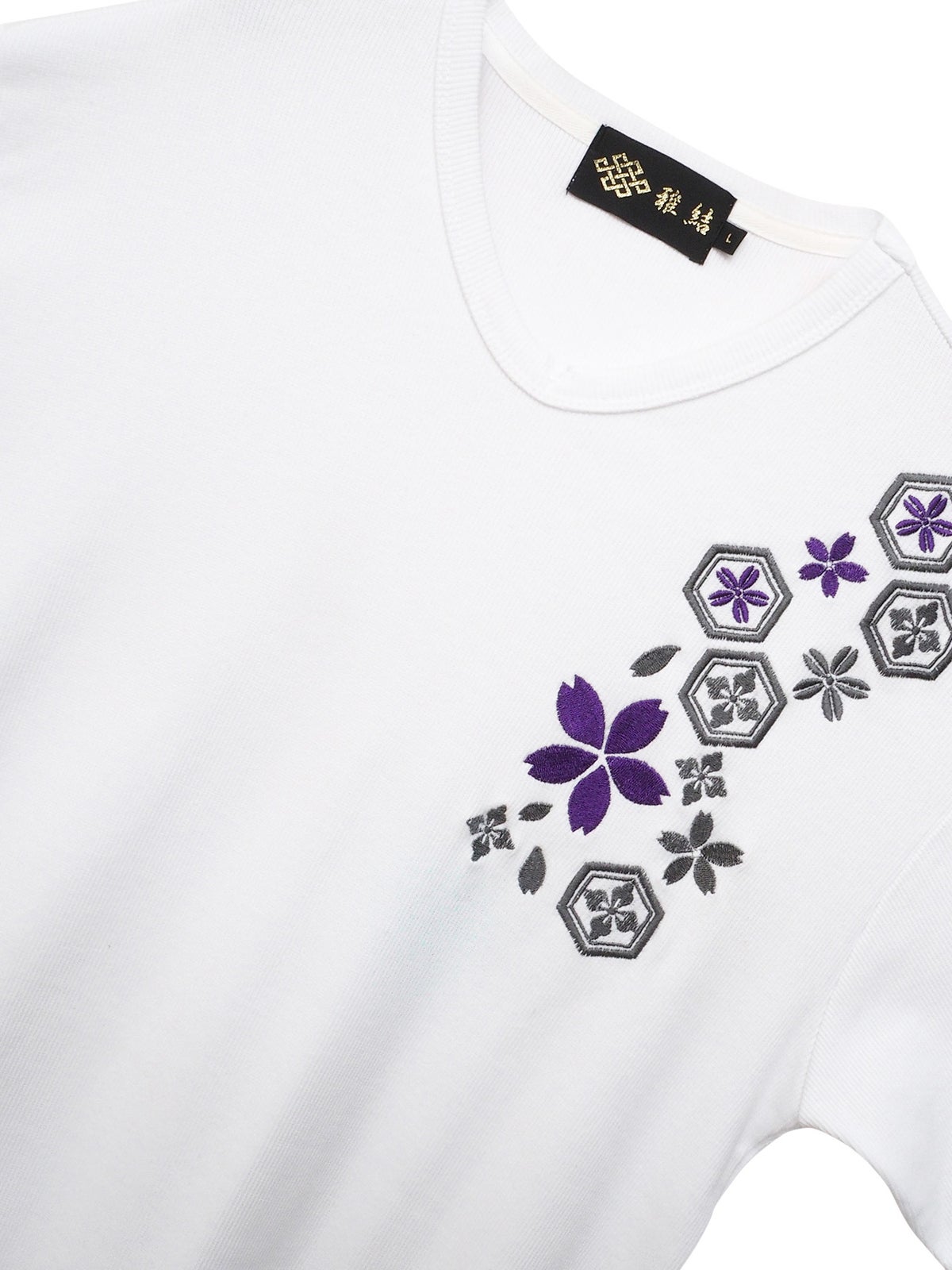 【雅結】桜刺繍 テレコ素材VネックロンT