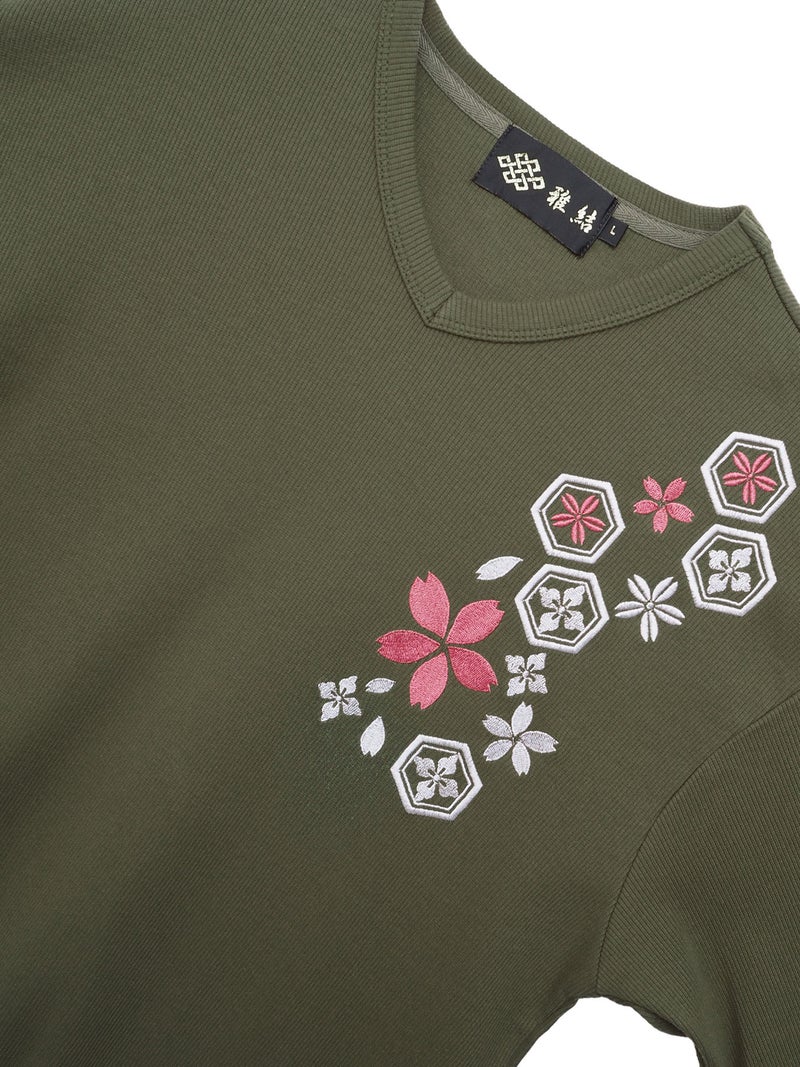【雅結】桜刺繍 テレコ素材VネックロンT