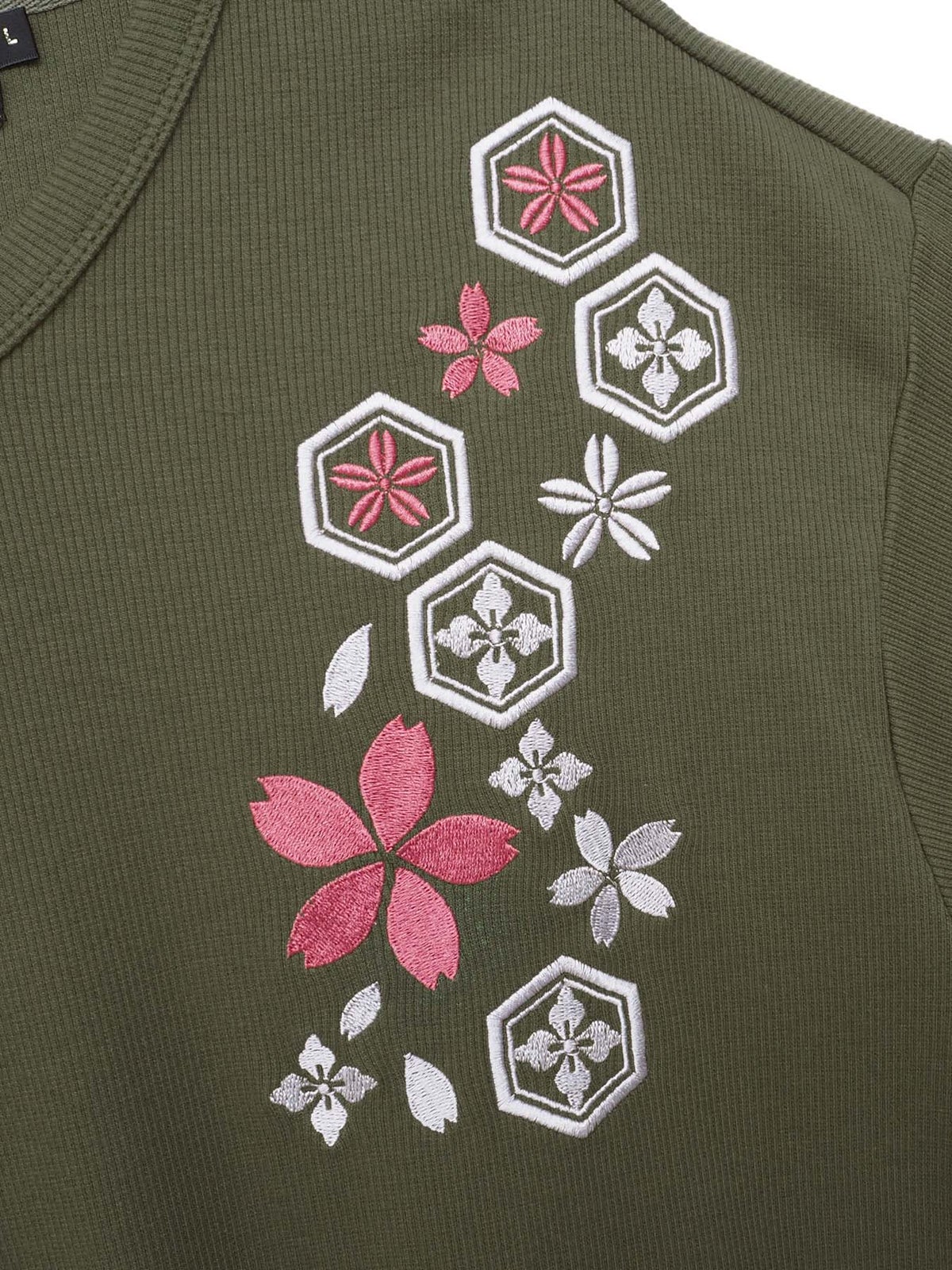 【雅結】桜刺繍 テレコ素材VネックロンT