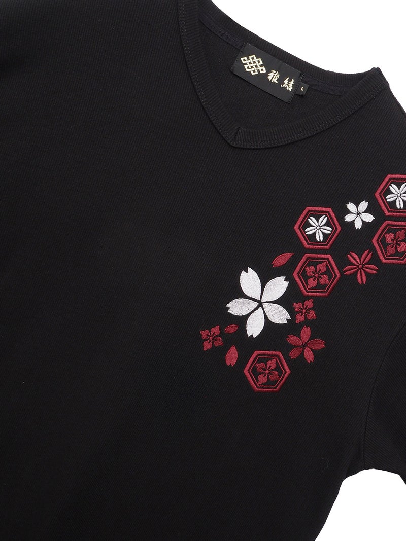 【雅結】桜刺繍 テレコ素材VネックロンT