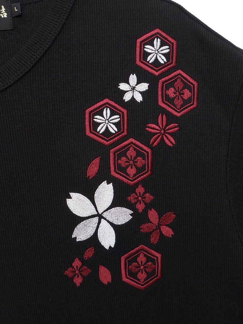 【雅結】桜刺繍 テレコ素材VネックロンT