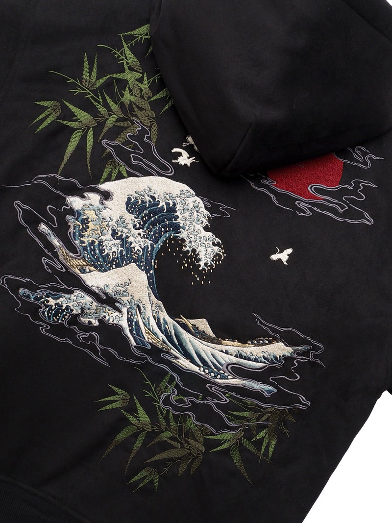 【絡繰魂】“荒波”総刺繍中綿入りフェイクスウェードZIPパーカー