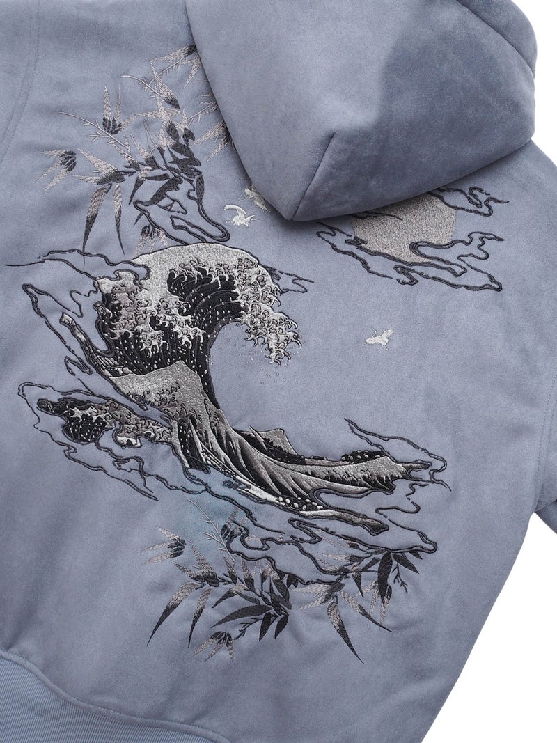 【絡繰魂】“荒波”総刺繍中綿入りフェイクスウェードZIPパーカー