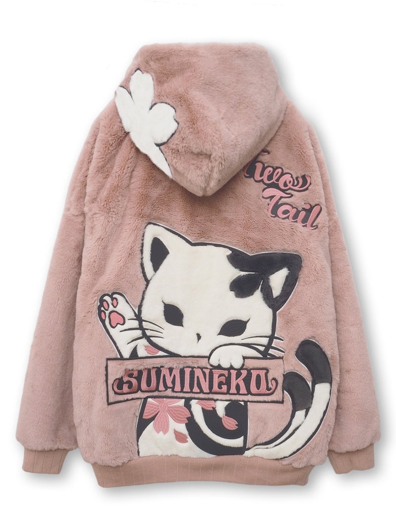 【SUMINEKO】“のぞき墨猫”フェイクファーBIGシルエットZIPパーカー